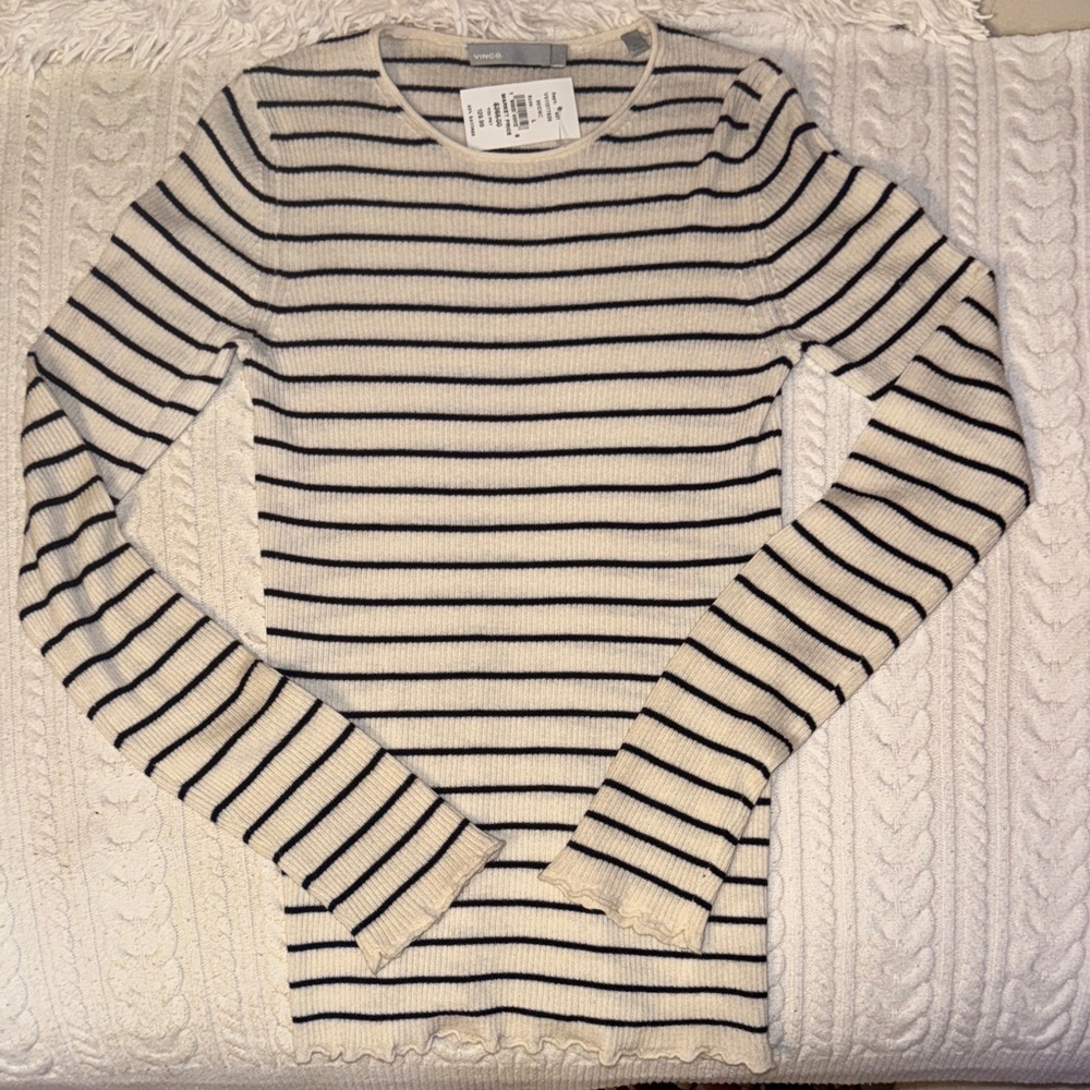 Vince Cashmere Cream and Black Striped crew neck Sweater Large, NWT